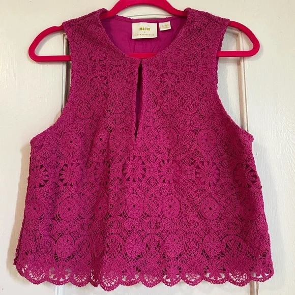 Anthropologie Maeve Solid Eyelet Crochet Top and Shorts Set - Fuchsia - Picture 2 of 8